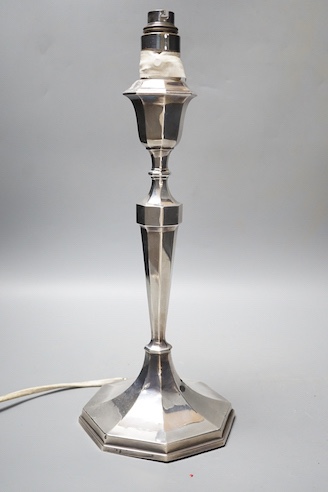 A George V silver mounted table lamp, S. Blanckensee & Sons Ltd, Birmingham, 1928, height 39.5cm.